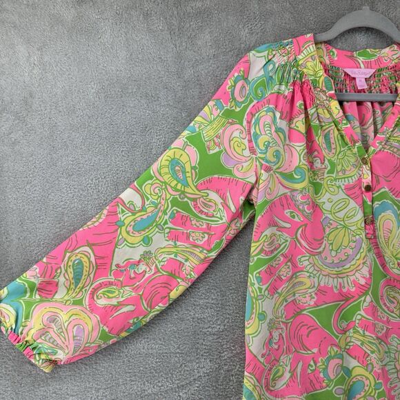 Lilly Pulitzer Top XS Silk Elsa Chin Chin Elephant Pink Ballon Sleeve V-Neck - Picture 7 of 16